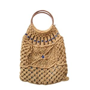 Vintage Macrame Tote Bag with Blue Wood Beads & Wood Handles